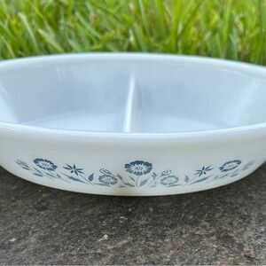 Pyrex Vintage Milk Glass Blue Flowers Dish 1 QT Oval Divided Vegetable Bowl